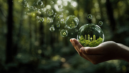 A person's hand delicately cradles a luminous sphere containing a miniature landscape. The image features a forest environment and transparent bubbles. The lighting is soft, suggesting a natural setting. This conceptual image could be used in various commercial projects, including environmental and sustainability themes.の素材