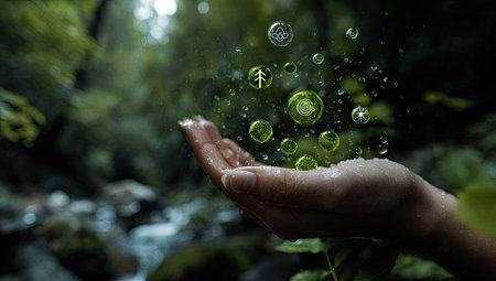 A person's hand is outstretched, interacting with floating bubbles containing natural imagery. The scene showcases a lush, green forest with soft lighting, suggesting an outdoor environment. This image could be used for ecological concepts, sustainability themes, or promotional materials.の素材