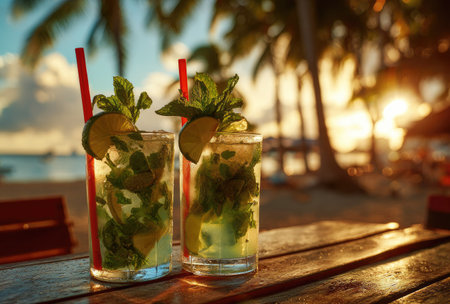 Two garnished cocktails stand on a wooden surface with a blurred beach backdrop. Bright sunlight filters through palm trees. The drinks contain green herbs and fruit, with red straws. The photo is well-lit, ideal for advertising summer beverages or resort themes.の素材