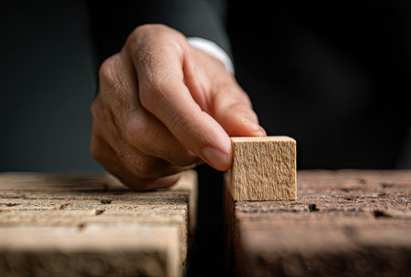 A close-up captures a hand positioning a wooden block between two textured surfaces. The image features natural lighting and a shallow depth of field, emphasizing the wooden textures and subtle color variations. The composition suggests themes of connection, problem-solving, and bridging divides, suitable for various commercial applications.の素材
