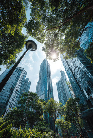 An upward perspective captures tall modern buildings framed by green tree foliage and blue skies. Sunlight filters through the leaves, creating a dynamic interplay of light and shadow. This composition may be suitable for architectural, environmental, or commercial applications.の素材
