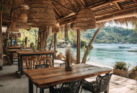 An outdoor restaurant showcases wooden tables beneath woven pendant lamps. Natural light streams across the scene, highlighting the textures of wood and straw. A turquoise ocean and distant hills form the backdrop. This image is suitable for various commercial uses, including travel and lifestyle content.の素材