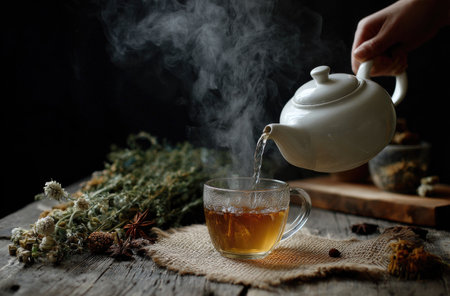 A hand pours hot tea from a white teapot into a glass cup. The image features visible steam rising from the liquid against a dark backdrop. The composition includes dried herbs, a wooden surface, and soft lighting, ideal for culinary, health, or lifestyle themes.の素材
