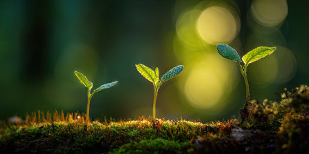 The image features three small plants, each with delicate green leaves, emerging from a bed of earth. The composition is set against a blurred, soft green background, suggesting a natural setting. The lighting is warm and highlights the plants, suitable for use in educational materials or environmental themes.の素材