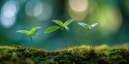 The image showcases three young plants with green leaves emerging from a bed of moss. The composition features soft lighting and a blurred background, suggesting an outdoor environment. The texture of the moss and the fresh green of the plants create a visual contrast. This image could be suitable for various commercial or editorial uses.の素材