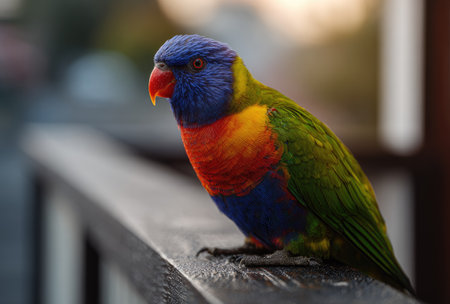 A brightly colored rainbow lorikeet is perched on a dark-colored railing. The bird displays a spectrum of colors, including blue, red, green, and yellow, against a blurred background. The composition features soft, natural light, suggesting an outdoor environment. This image is suitable for various commercial uses, including advertising and editorial content.の素材