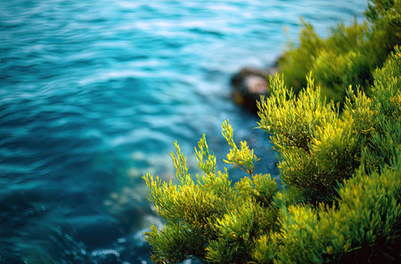 Close-up of bright green plants along the edge of a body of water. The scene features lush foliage and the textures of the water. The composition, utilizing depth of field, is ideal for visual storytelling, nature-themed articles, or marketing campaigns where a sense of calm is needed.の素材