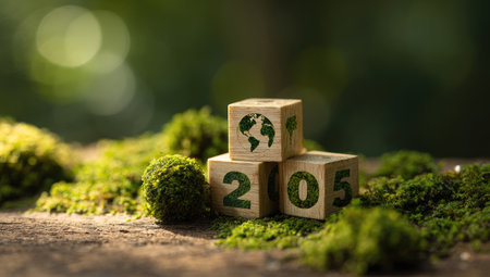 Three wooden cubes, displaying numbers and a world map symbol, rest on a bed of green moss. The natural setting, with blurred green foliage in the background, suggests an outdoor environment. The warm lighting and close-up composition make it suitable for various environmental or educational purposes.の素材
