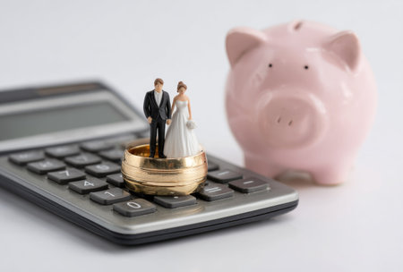 This image showcases a wedding planning concept. Two miniature figurines, representing a bride and groom, are positioned on a wedding ring. A calculator and a piggy bank are in the frame, suggesting financial planning. The composition utilizes a light color palette, making it suitable for editorial and commercial applications.の素材