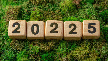 The image showcases wooden blocks arranged to spell out "2025", set against a backdrop of lush green moss. The composition offers a high-angle perspective, highlighting the numbers in a neutral color. The overall style suggests a natural and earthy aesthetic. Suitable for various design projects and conceptual applications.の素材