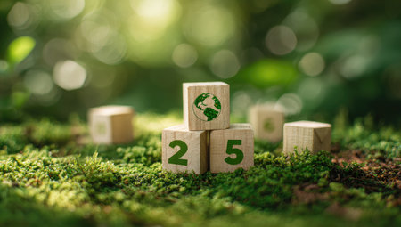 The image showcases wooden blocks arranged amongst green moss and foliage. The blocks feature numbers and a globe symbol. The composition has soft focus and shallow depth of field, with natural lighting. This visual could be used in various commercial or editorial contexts related to environment.の素材