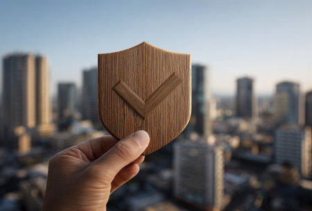 A hand holds a wooden shield symbol with an arrow design against a blurred cityscape. The image features warm tones and natural textures, with sunlight illuminating the scene. This photograph could be used for various commercial projects related to protection, safety, or insurance. The background includes several skyscrapers.の素材