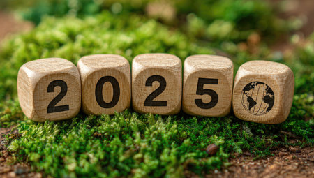 The image features wooden dice displaying the year 2025 and a world symbol, arranged on a bed of green moss. The composition uses natural light to highlight the textures and details. This visual can be used for conceptual presentations, educational materials, and various commercial applications related to planning or environmental themes.の素材