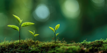 This image showcases several small plants emerging from the earth. The plants display vibrant green leaves against a blurry green backdrop. The scene suggests a natural outdoor setting, possibly a forest or garden, and could be used for various commercial and editorial purposes.の素材