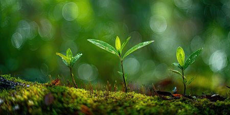Close-up of young plants with vibrant green leaves emerging from a mossy surface. The composition showcases a shallow depth of field, with soft, blurred background foliage. The image evokes feelings of growth and renewal, suitable for various commercial or editorial applications related to nature and sustainability.の素材