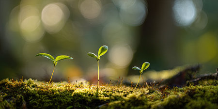 Three small plants emerge from a bed of green moss, bathed in soft sunlight. The composition features a shallow depth of field, highlighting the delicate new growth. The blurred background suggests a natural environment, potentially suitable for various commercial or editorial applications.の素材