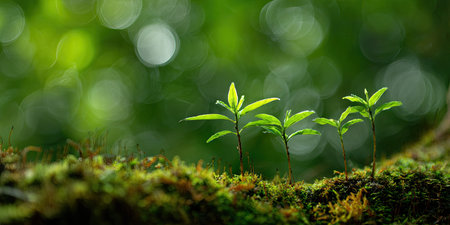This image showcases small plants emerging from moss, set against a blurred green background. The scene displays vibrant green hues, suggesting growth and life. The composition utilizes a shallow depth of field, highlighting the plants. Suitable for diverse applications, including environmental themes and conceptual illustrations.の素材