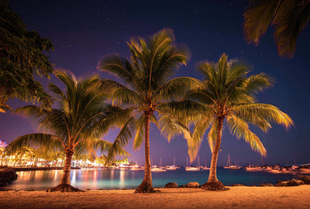 The image features several palm trees set against a twilight sky, their silhouettes defining the composition. The scene includes a tranquil body of water and boats, indicative of a coastal location. It presents a serene ambiance suggesting potential usage for travel, relaxation, or environmental themes.の素材