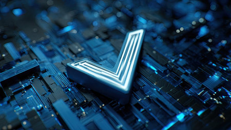 An illuminated letter V dominates the image, positioned above a complex digital circuitry background. The scene showcases a modern, tech-focused aesthetic with predominantly blue and black tones. The composition features a shallow depth of field, possibly suitable for a variety of commercial and design applications.の素材