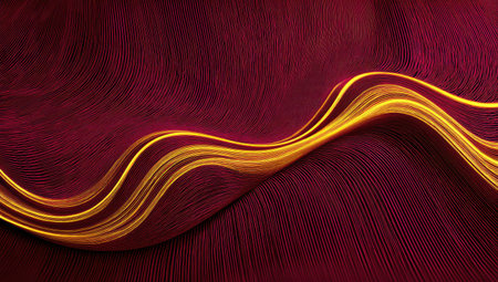 An abstract visual showcases a flowing golden wave pattern against a textured, deep red backdrop. The composition features dynamic lines and a smooth gradient, suggesting movement. This image utilizes color and texture, suitable for diverse commercial applications, offering an elegant visual element.の素材