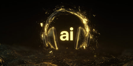 A digital composition depicts headphones with the letters ai in the center. The headphones appear to be composed of glowing, golden particles. The scene is set against a dark backdrop. This imagery could be used for various technology or design related projects.の素材