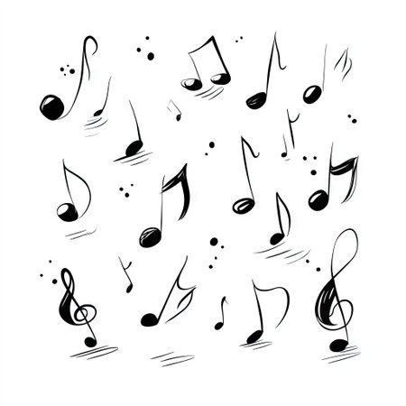 An abstract illustration presents various musical notes and a treble clef against a clean white backdrop. The black and white composition showcases a hand-drawn style with varied shapes and sizes of notes. This creative graphic is suitable for diverse design applications and editorial concepts.の素材