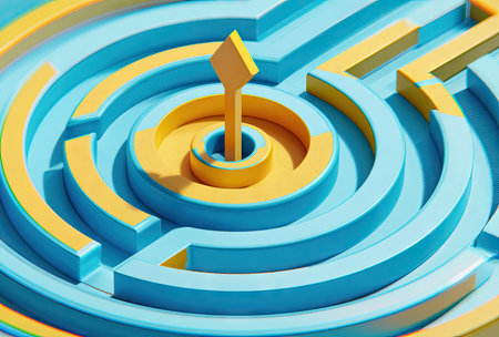 An abstract illustration presents a complex maze structure with a central arrow. The design features a palette of blue and yellow colors, highlighting the paths and destination. This stylized image may be suitable for representing concepts such as strategy, problem-solving, and overcoming obstacles, offering potential for various commercial applications.の素材