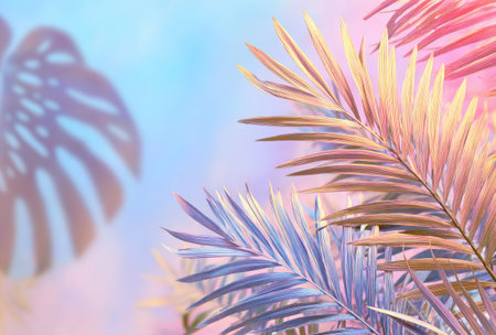 An abstract art piece displays tropical leaves in soft pastel colors. The composition features a gradient background with shadows. This artwork may be used for various purposes like design elements or backgrounds. It creates a serene and artistic aesthetic.の素材