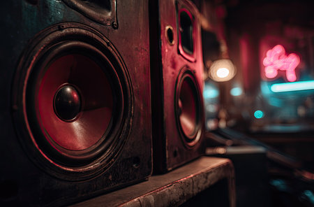 Two prominent audio speakers are the focal point, bathed in a blend of red and blue ambient lighting. The textured surfaces of the speakers contrast with the blurred background elements. The composition suggests an indoor setting, potentially for entertainment. Suitable for various commercial projects and visual media needs.の素材