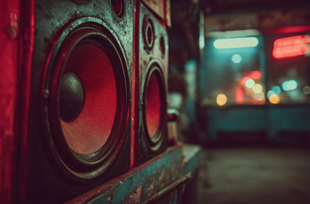This image showcases a stack of aged speakers, their red cones adding a vibrant contrast. The composition highlights the speakers' textures, with a soft focus on the blurred background. It suggests a dimly lit indoor setting. This image is suitable for various commercial uses related to audio or vintage themes.の素材