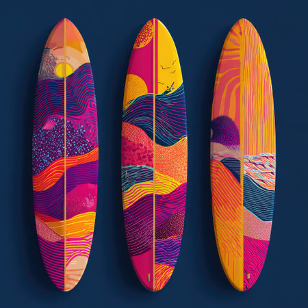 Three surfboards showcase artistic designs, featuring abstract patterns and a vivid color palette. The compositions incorporate curved lines and layered textures, suggesting landscapes or stylized natural elements. The overall aesthetic implies a blend of creativity, recreation, and potential usage in advertising or design projects.の素材