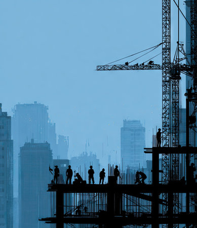Construction workers are seen as silhouettes on a building site, with a crane towering overhead. The composition is against a hazy city backdrop under a blue sky. The minimalist style, with its focus on form and shadow, is suitable for various editorial and commercial applications.の素材
