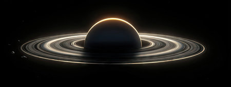 A celestial body with prominent rings is depicted against a black backdrop. The image features a spherical planet encircled by luminous rings with a gradient appearance. The composition emphasizes contrast and dimensionality. This imagery is suitable for various commercial purposes, including science and educational materials.の素材