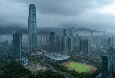 An aerial view presents a dense cityscape dominated by numerous skyscrapers, partially obscured by a layer of mist. The scene features a sports field illuminated, contrasting with the muted color palette. The composition conveys a sense of urban density and an overcast atmosphere, suitable for various commercial uses.の素材