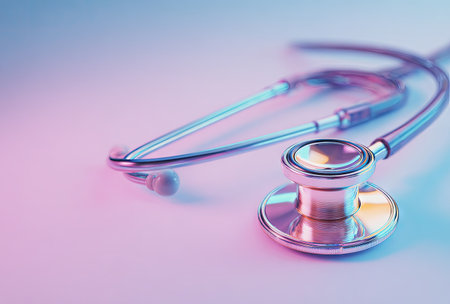The image presents a close-up view of a stethoscope resting on a soft, blurred background. The stethoscope appears metallic with a focus on its bell and tubing. The lighting is soft with a blend of pink and blue hues. This image could be used for various medical, healthcare, and wellness purposes.の素材