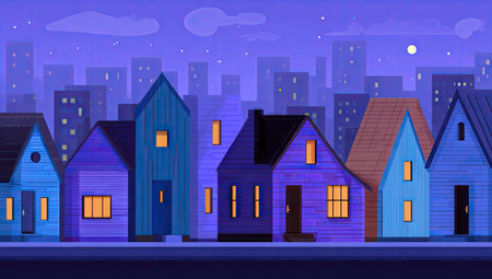 This vector illustration depicts a row of cartoon houses against a city skyline under a twilight sky. The houses showcase a variety of colors, with warm light emanating from the windows. This graphic can be used for various commercial or editorial purposes, conveying themes of community and urban living.の素材