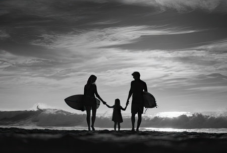 A family is silhouetted against a dramatic sky, walking on a beach while holding surfboards. The monochrome image features high contrast, highlighting the figures. The composition emphasizes the setting and time, with potential use in editorial or commercial projects.の素材