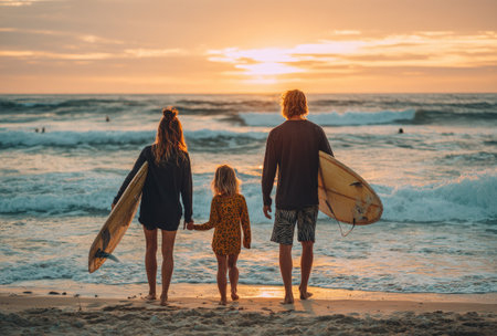 A family stands together on a sandy beach, holding surfboards, facing the ocean. The warm, golden sunset illuminates the scene. The composition highlights the backs of the subjects. Suitable for travel, lifestyle, or family-related editorial and commercial projects.の素材