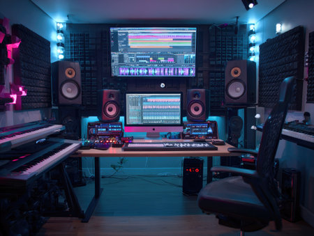 An interior shot showcases a recording studio with advanced audio equipment. The scene features studio monitors, a computer screen displaying audio software, and sound-absorbing panels. The lighting is artificial, casting a cool tone over the scene, suggesting an indoor setting suitable for music production. This image could be used for articles, websites, or promotional content.の素材