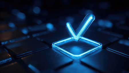 A glowing neon check mark icon sits atop a dark surface, symbolizing approval and agreement. The image showcases a futuristic style with blue highlights and sharp contrasts. Its design suggests technological themes, suitable for various applications.の素材