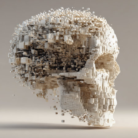 An artistic rendering presents a skull composed of numerous small, pixelated cubes. The image uses a soft, neutral color palette with variations of white and grey. The composition has an overhead lighting effect, creating subtle shadows. Suitable for use in conceptual designs or creative editorial projects.の素材