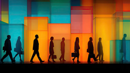 This image presents silhouetted figures walking in front of an abstract, multicolored background. The composition showcases a linear arrangement of people, possibly representing progress or movement. Vibrant hues and soft lighting create visual interest, suitable for various commercial applications needing dynamic illustrations.の素材