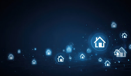 This digital illustration depicts a network of illuminated house icons floating against a dark blue background. The composition features various sizes of glowing structures and dispersed particles, suggesting interconnected systems. Ideal for concepts related to home automation and technology. Suitable for use in a variety of commercial contexts.の素材