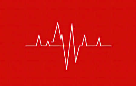 A white heartbeat line graphic is centered on a vibrant red background. The image presents a minimalist design, with clean lines and sharp angles. It could be used in presentations about health, medical research, or conceptual topics. The high-contrast color scheme and simple style make it adaptable for a range of commercial uses.の素材