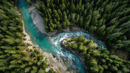 An overhead shot showcases a vibrant river cutting through a dense forest. The turquoise water contrasts with the green foliage, creating a dynamic composition. The image's high angle and natural lighting suggest it could be used for various commercial or editorial purposes, conveying a sense of adventure.の素材