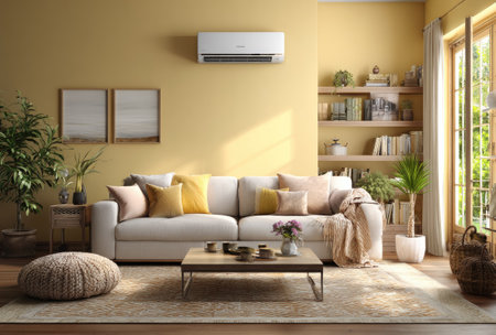 This living room scene features a comfortable sofa with colorful pillows and a coffee table. Sunlight streams through the window, illuminating the room with warm hues. The composition suggests a relaxed and inviting atmosphere. Suitable for a range of commercial and editorial purposes.の素材