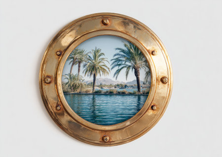 A brass porthole frames a serene tropical scene, featuring palm trees and calm water. The composition showcases a round shape against a white background, creating a visual contrast. The image evokes a sense of travel and tranquility, suitable for various design and advertising projects.の素材