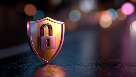 A close-up view presents a golden shield with a centrally placed padlock, signifying security. The composition uses a shallow depth of field, with soft bokeh background. Colors of gold, purple and black suggest a night setting. This imagery can be useful in commercial contexts related to digital safety and privacy.の素材