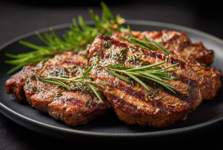 This image showcases grilled steaks garnished with fresh herbs, presented on a dark plate. The food is depicted with a focus on textures and colors, likely prepared and served indoors. This shot could be used for culinary content, restaurant menus, or food-related commercial applications.の素材