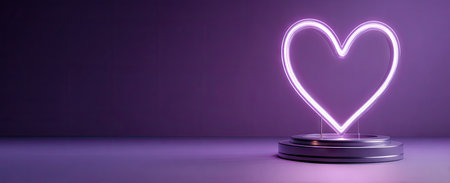 A neon heart glows brightly on a dark purple background. This illuminated object sits atop a circular base, showcasing a modern and stylish design. The image features a smooth texture and soft lighting, suitable for various editorial and commercial applications. The composition suggests themes of love, romance, or celebration.の素材